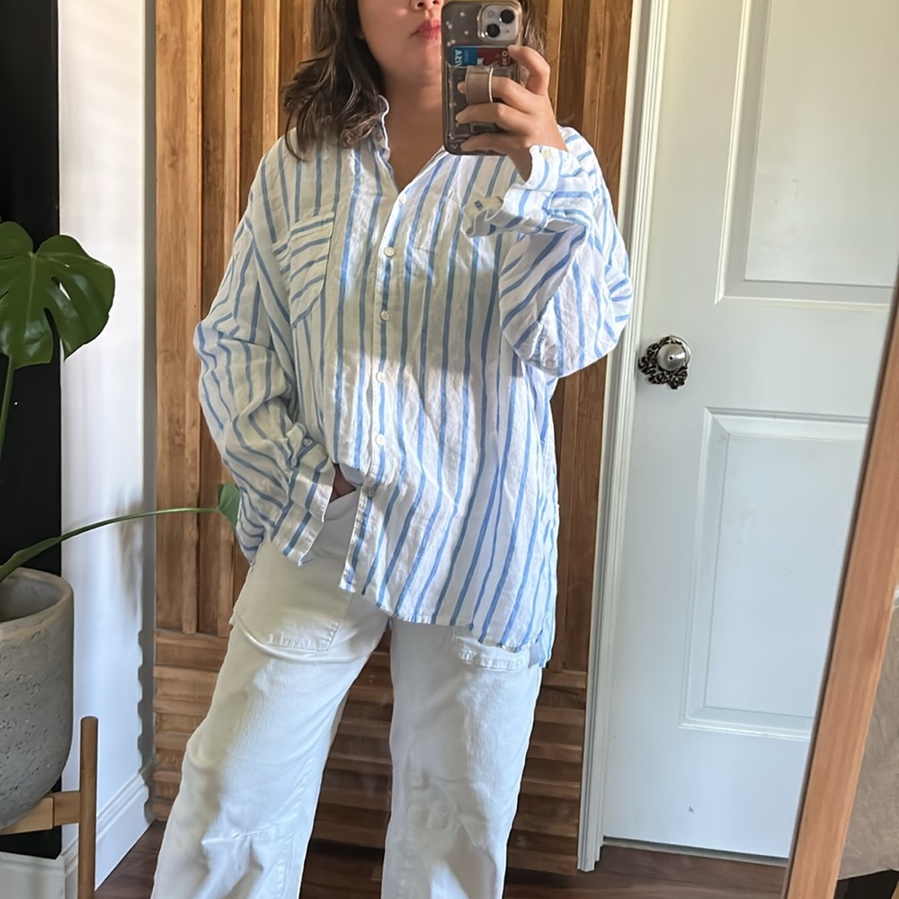 J Jill Love Linen Shirt Top Blue White Long Sleeve Striped. Size XL - Picture 4 of 12